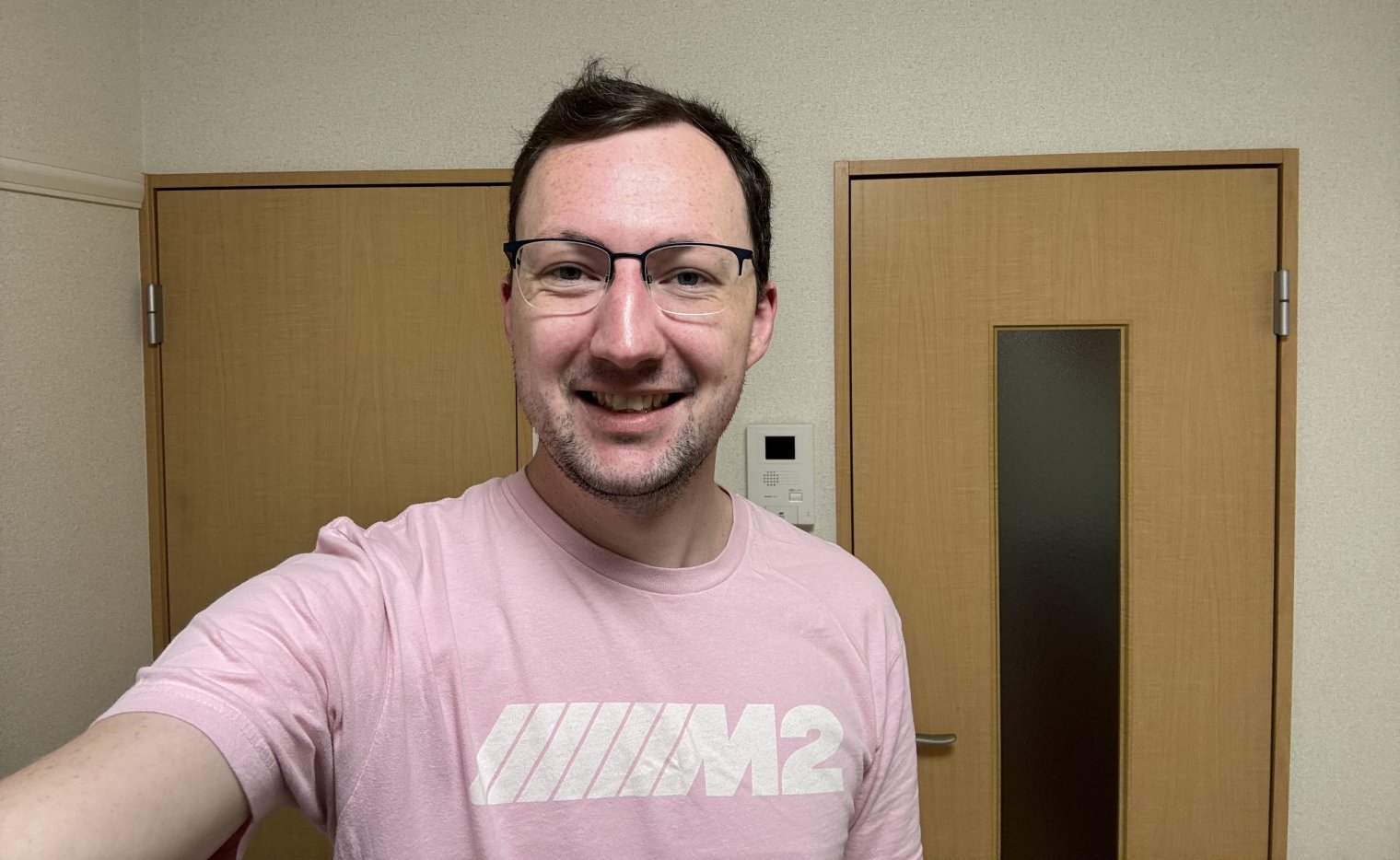 A surprisingly decent selfie with the classic pink M2 tee