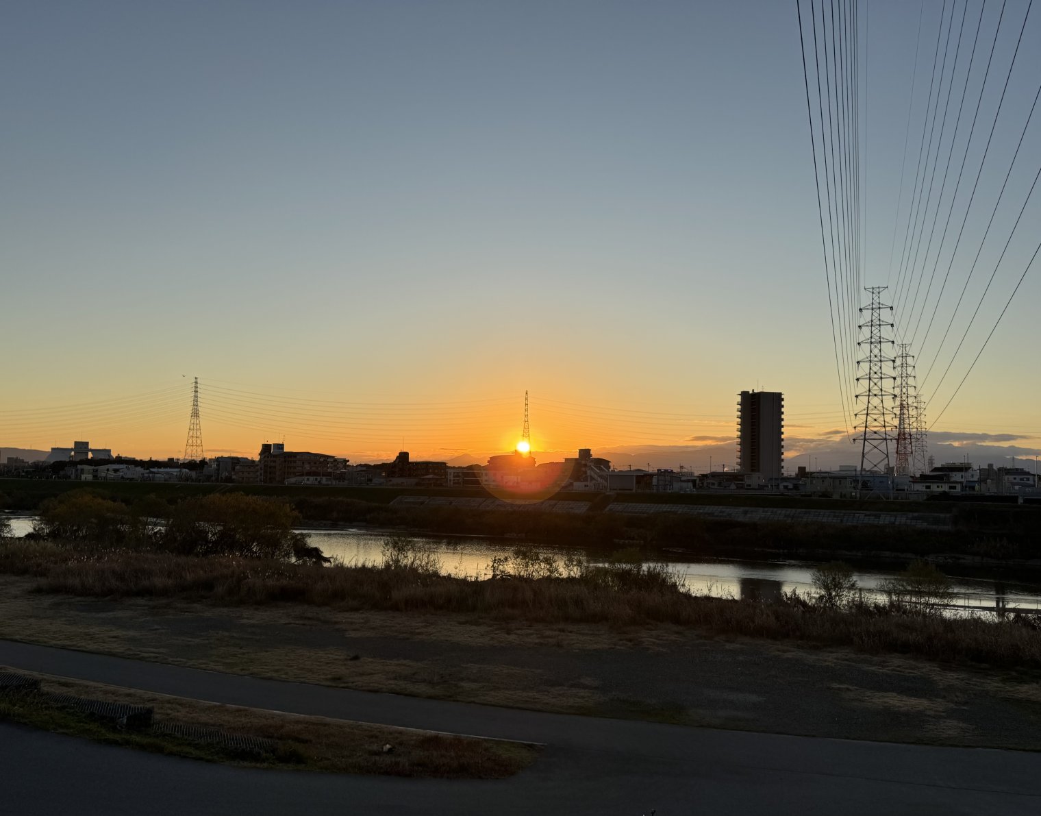 The first sunrise of 2026, as seen from a riverside road in Osaka