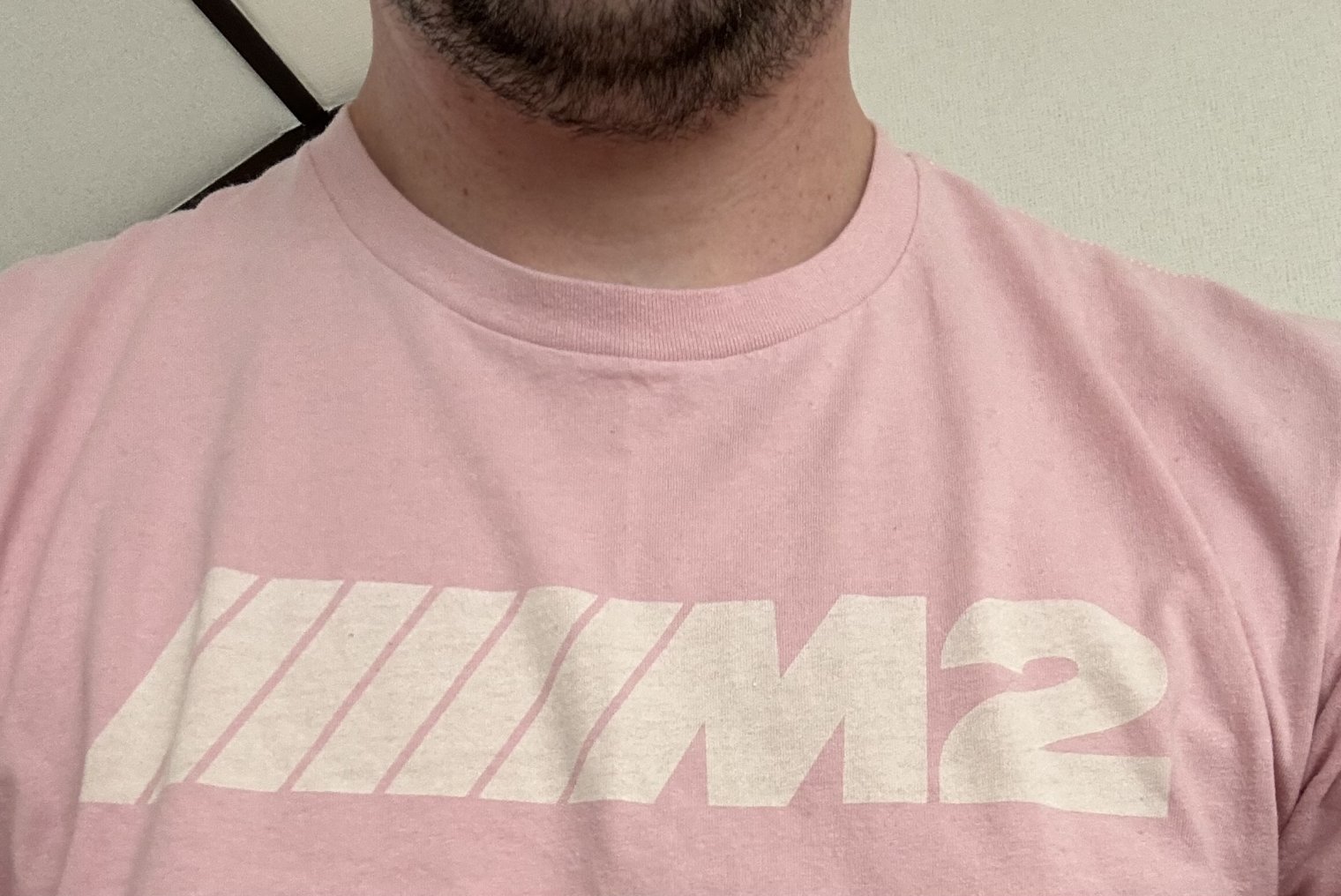 A pretty garbage photo of Garion’s pink M2 shirt and also his chin