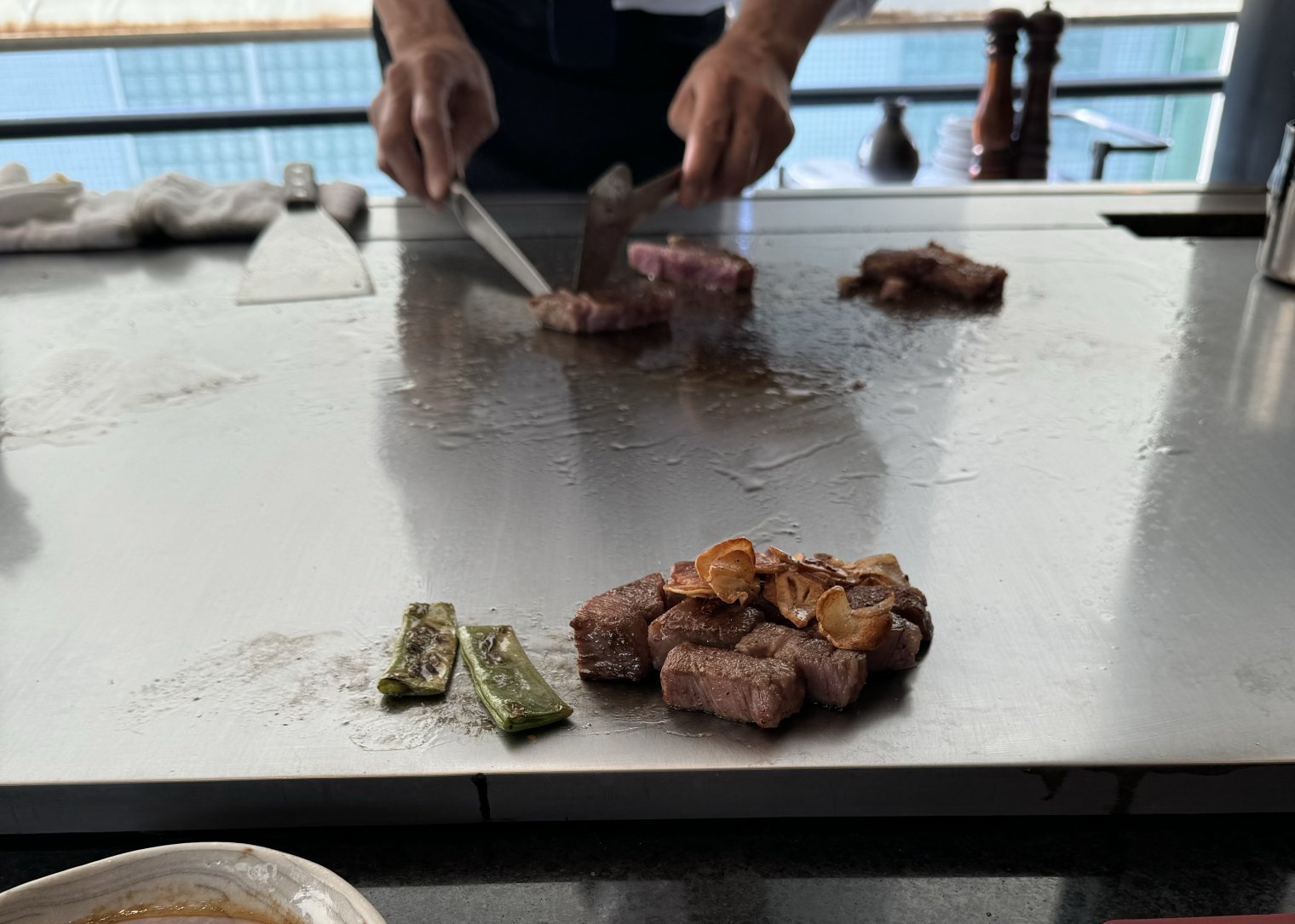 Cooked Kobe beef at a Teppanyaki restaurant in Kobe