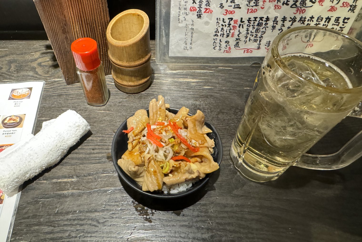 Meal and beverage at a Japanese Izakaya